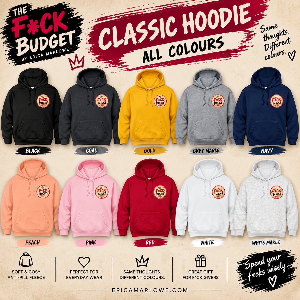 The F*ck Budget hoodie colour chart.