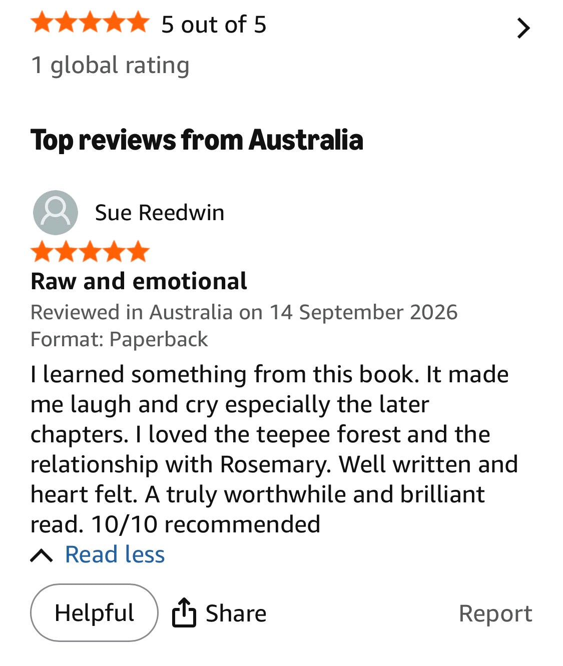 Five-star Amazon reader review of The F*ck Budget by Sue Reedwin, titled 'Raw and emotional'.
