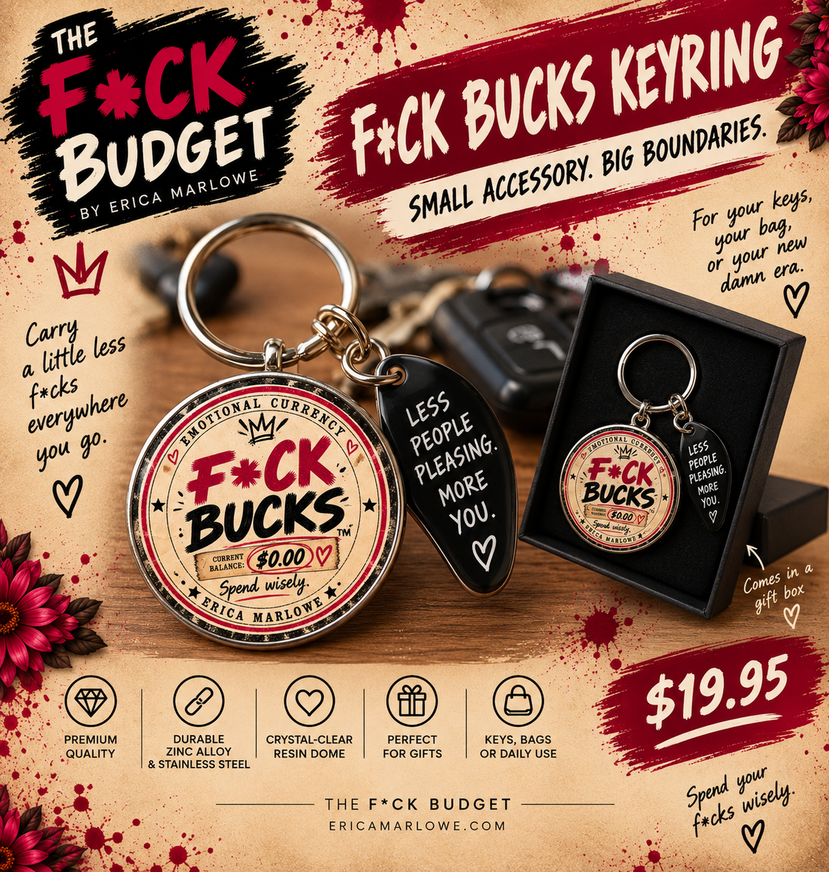 Vintage-style promotional artwork for the F*ck Bucks keyring.