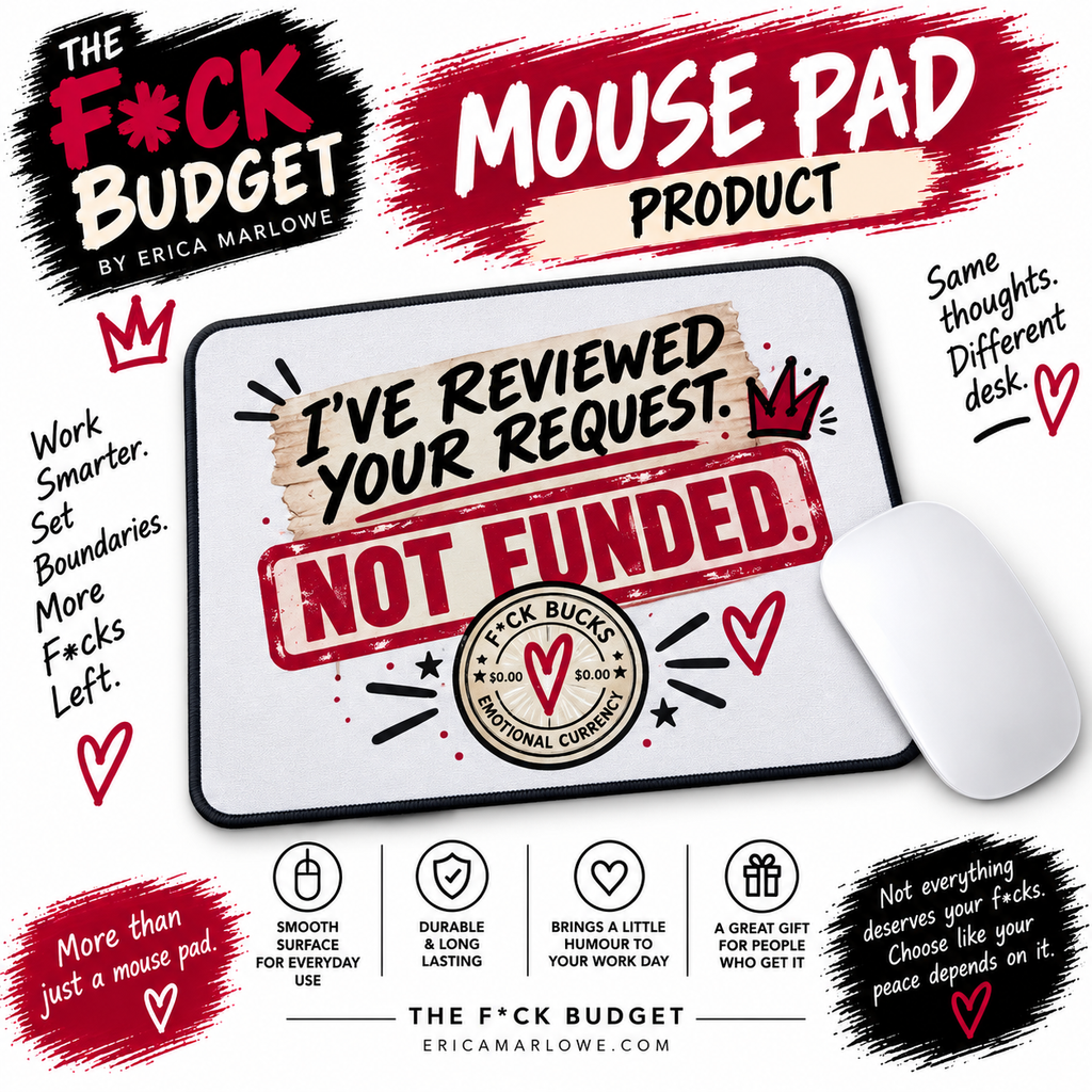 The F*ck Budget mouse pad promotional artwork on a white background.